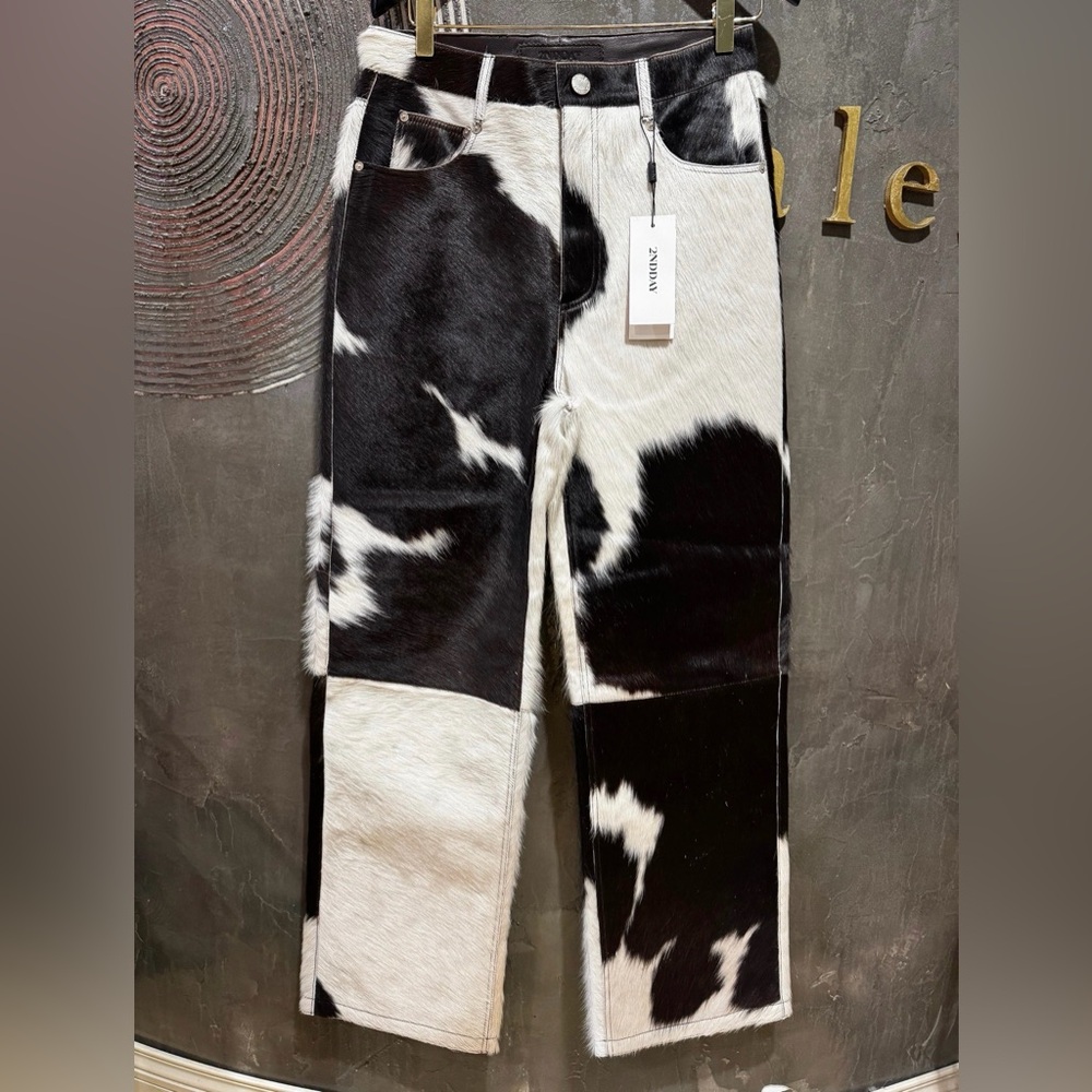 2nd day Cow print leather Straight Leg Patchwork Pants - Black & White - Picture 3 of 7